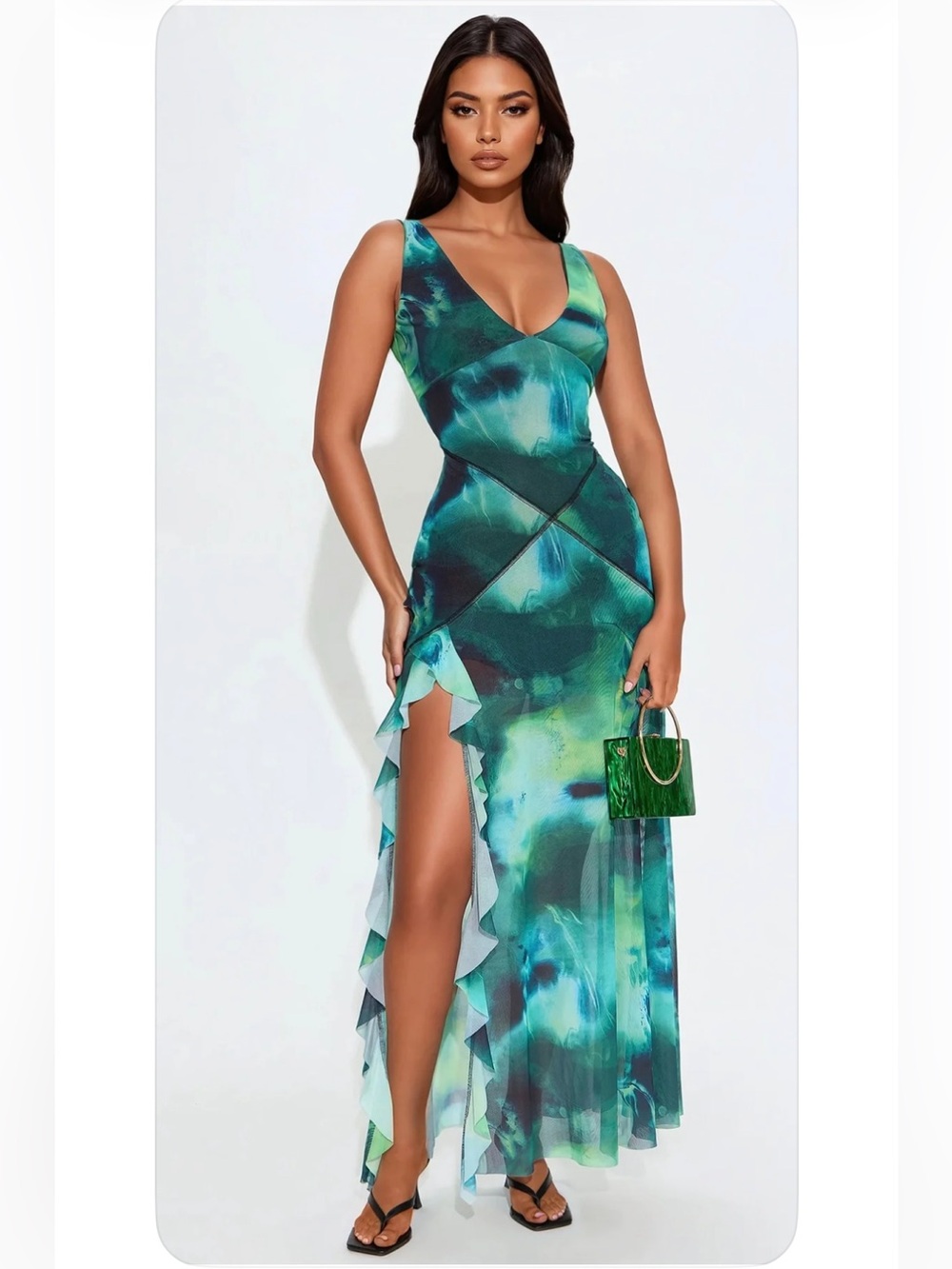 Fashion Nova “Astrid” Teal & Green Watercolor Ruffle V-Neck Maxi Dress